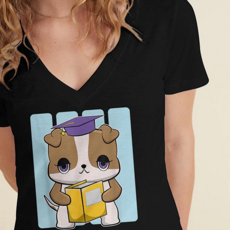 Bulldog Anime Pup Graduation Women's Jersey Short Sleeve Deep V-Neck Tshirt