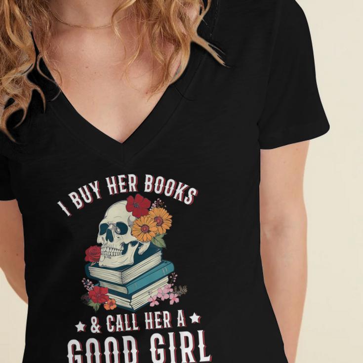 I Buy Her Books Call Her A Good Girl Book Lover Skull Women's Jersey Short Sleeve Deep V-Neck Tshirt