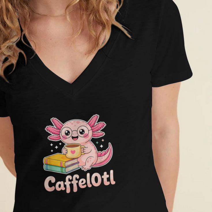 Caffelotl Cute Axolotl Pun Coffee Book Lover Kawaii Humor Women's Jersey Short Sleeve Deep V-Neck Tshirt