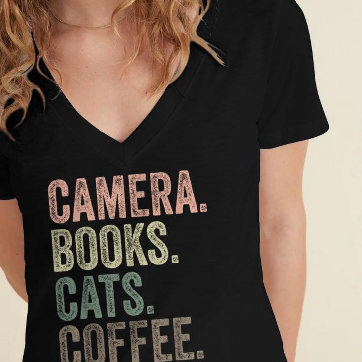 Camera Books Cats And Coffee Lover Photography Men Women Women's Jersey Short Sleeve Deep V-Neck Tshirt