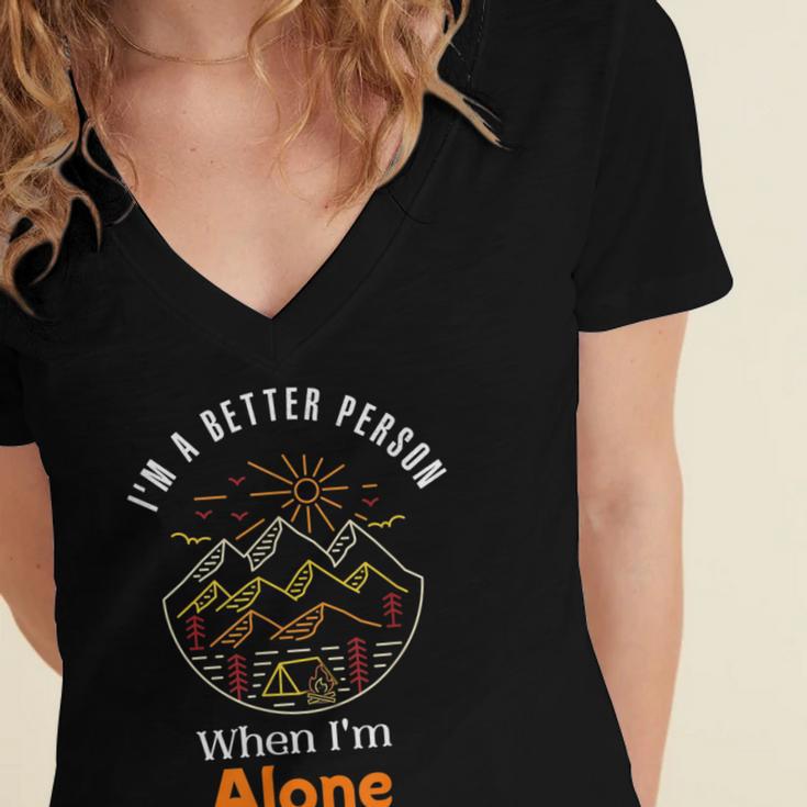 Camping Alone Meme Campfire Introvert Camper Women's Jersey Short Sleeve Deep V-Neck Tshirt