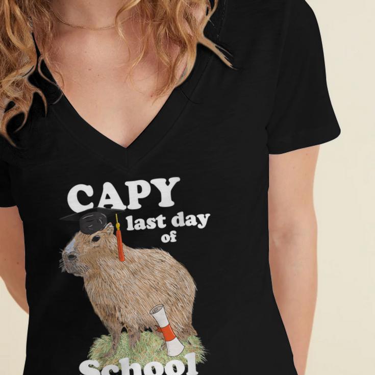 Capy Last Day Of School Capybara Graduation Quote Women's Jersey Short Sleeve Deep V-Neck Tshirt