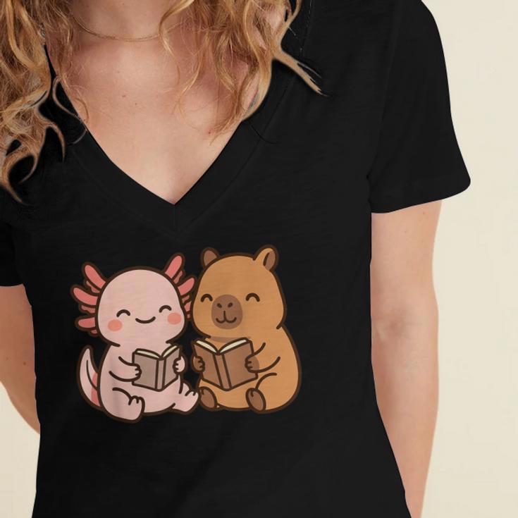 Capybara Axolotl Kawaii Kids Anime Book Lover Reading Women's Jersey Short Sleeve Deep V-Neck Tshirt