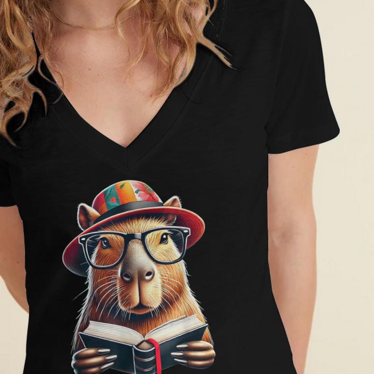 Capybara Bookworm Rodent Reading a Book Women's Jersey Short Sleeve Deep V-Neck Tshirt