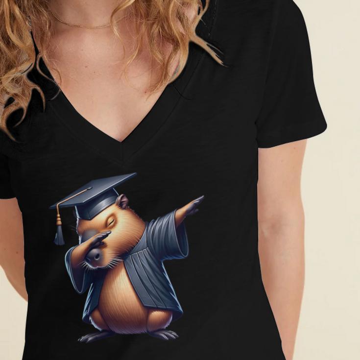 Capybara Graduation Dabbing Capy Wearing Graduate Gown Women's Jersey Short Sleeve Deep V-Neck Tshirt