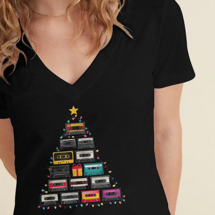 Cassette Tape Christmas Tree Graphic 80s 90s Retro Nostalgia Women's Jersey Short Sleeve Deep V-Neck Tshirt