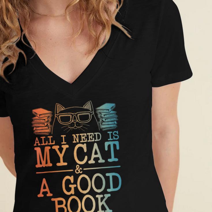Cat & Book Art For Men Women Cat Librarian Novel Book Lover Women's Jersey Short Sleeve Deep V-Neck Tshirt