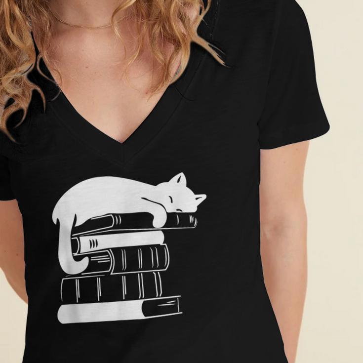 Cat Book Books And Cats Cat Lover Cat Mom Book Lovers Women's Jersey Short Sleeve Deep V-Neck Tshirt