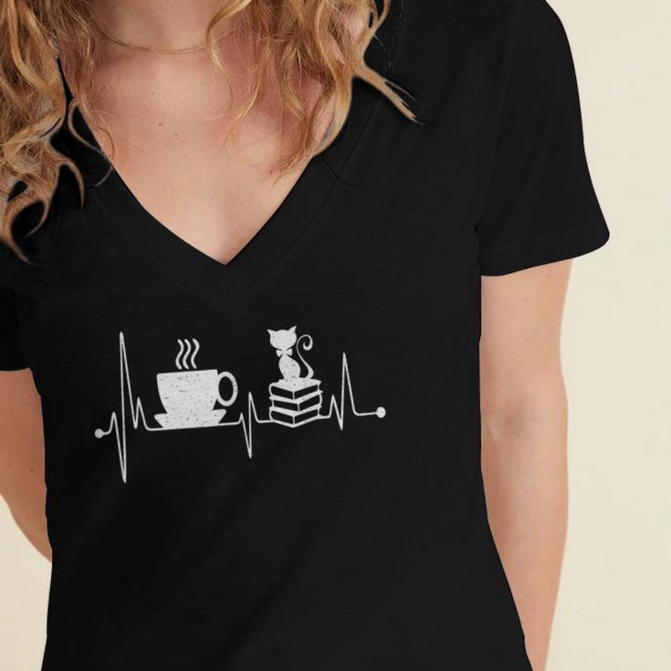 Cat Book Coffee Lover Heartbeat Cat Lover Book Lover Women's Jersey Short Sleeve Deep V-Neck Tshirt