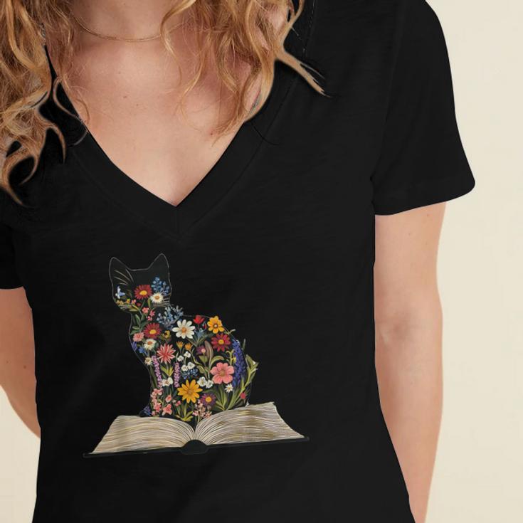 Cat Book Flowers Women's Jersey Short Sleeve Deep V-Neck Tshirt
