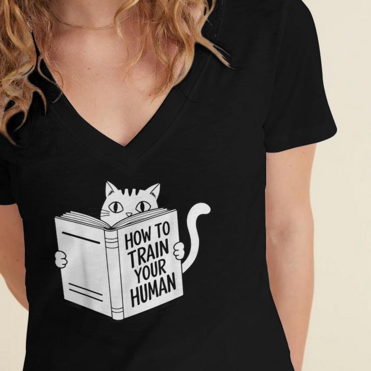 Cat Book Humor How To Train Your Human Women's Jersey Short Sleeve Deep V-Neck Tshirt