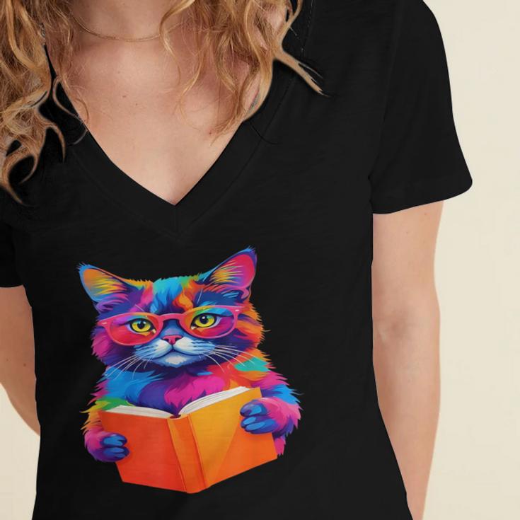Cat Book Shirt Colorful Cat Reading Book Women's Jersey Short Sleeve Deep V-Neck Tshirt