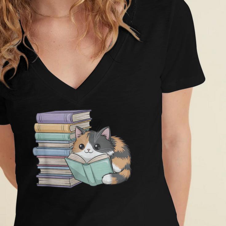 Cat On Books Pets Cats Reading Book Nerd Read Reader Bookcat Women's Jersey Short Sleeve Deep V-Neck Tshirt