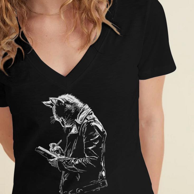 Cat Holds Book Writing Animal Print Motif Drawing Art Cat Women's Jersey Short Sleeve Deep V-Neck Tshirt Cat Holds Book Writing Animal Print Motif Drawing Art Cat Women's Jersey Short Sleeve Deep V-Neck Tshirt