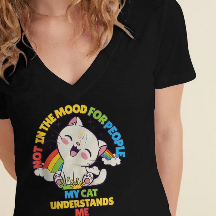 Cat Mom Loves Cats Dad Not In The Mood For People Introvert Women's Jersey Short Sleeve Deep V-Neck Tshirt