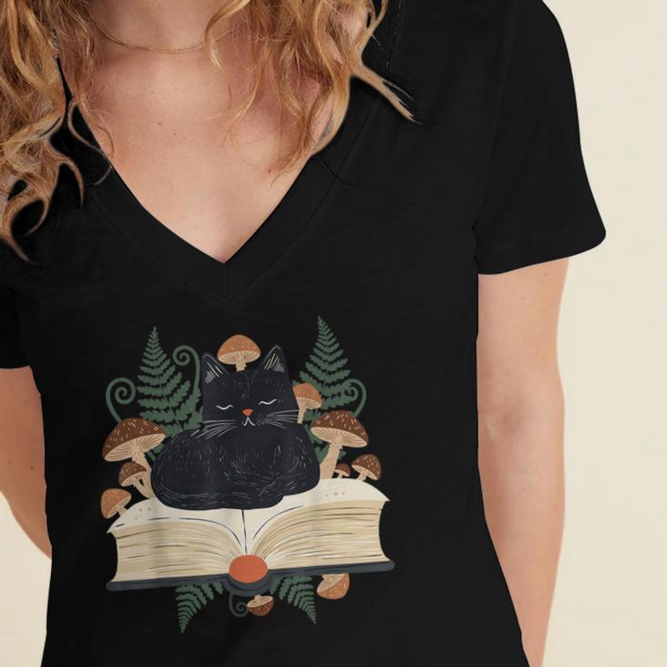 Cat On Open Book Mushrooms Ferns Dark Academia Women's Jersey Short Sleeve Deep V-Neck Tshirt Cat On Open Book Mushrooms Ferns Dark Academia Women's Jersey Short Sleeve Deep V-Neck Tshirt