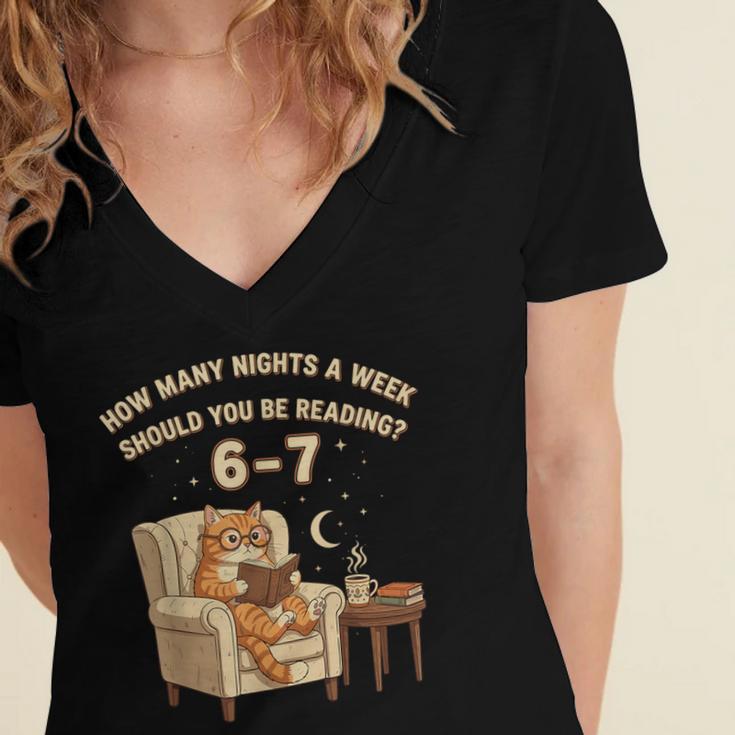Cat Reading 6-7 Meme English Teacher Book Lover Humor Women's Jersey Short Sleeve Deep V-Neck Tshirt