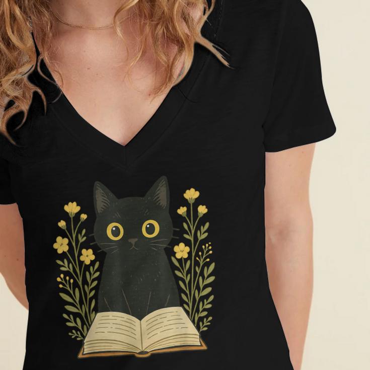 Cat Reading Book Flowers Women's Jersey Short Sleeve Deep V-Neck Tshirt
