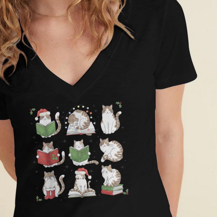 Cat Reading Book Funny Christmas Cat Book Lover Librarian Men Women Kids Women's Jersey Short Sleeve Deep V-Neck Tshirt