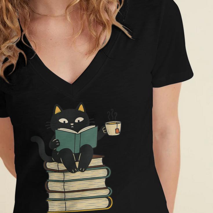 Cat Reading Book Women's Jersey Short Sleeve Deep V-Neck Tshirt Cat Reading Book Women's Jersey Short Sleeve Deep V-Neck Tshirt