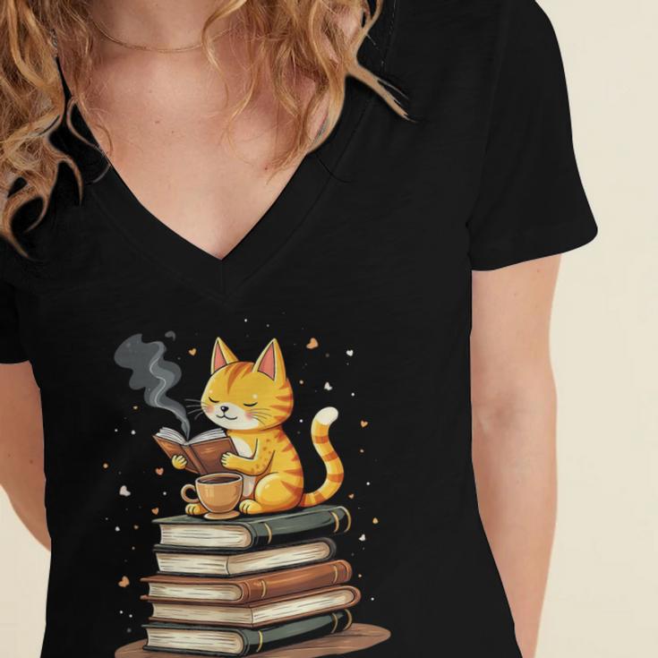 Cat Reading Books Women's Jersey Short Sleeve Deep V-Neck Tshirt