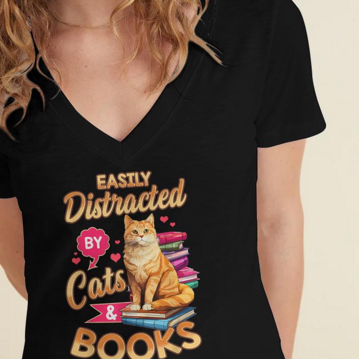 Cat Shirts For Women Book Lover Shirt Cats And Books Women's Jersey Short Sleeve Deep V-Neck Tshirt