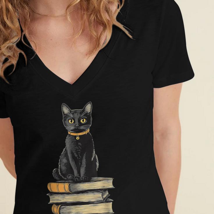 Cat Sitting On Books Women's Jersey Short Sleeve Deep V-Neck Tshirt