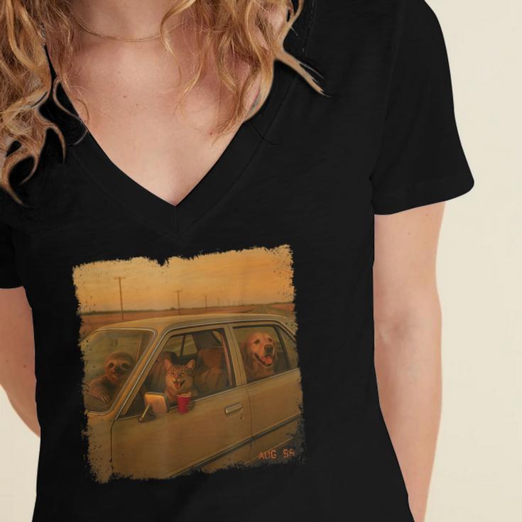 Cat Sloth Dog Retro Nostalgia Roadtrip Photo Women's Jersey Short Sleeve Deep V-Neck Tshirt