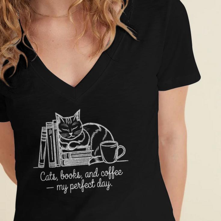 Cats Books And Coffee – My Perfect Day Cat Lover Women's Jersey Short Sleeve Deep V-Neck Tshirt