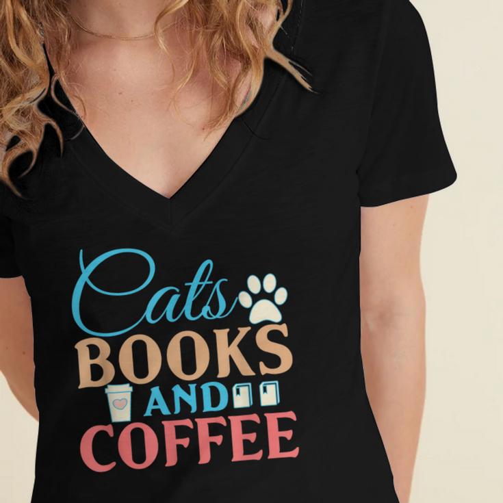 Cats Books And Coffee Women's Jersey Short Sleeve Deep V-Neck Tshirt Cats Books And Coffee Women's Jersey Short Sleeve Deep V-Neck Tshirt