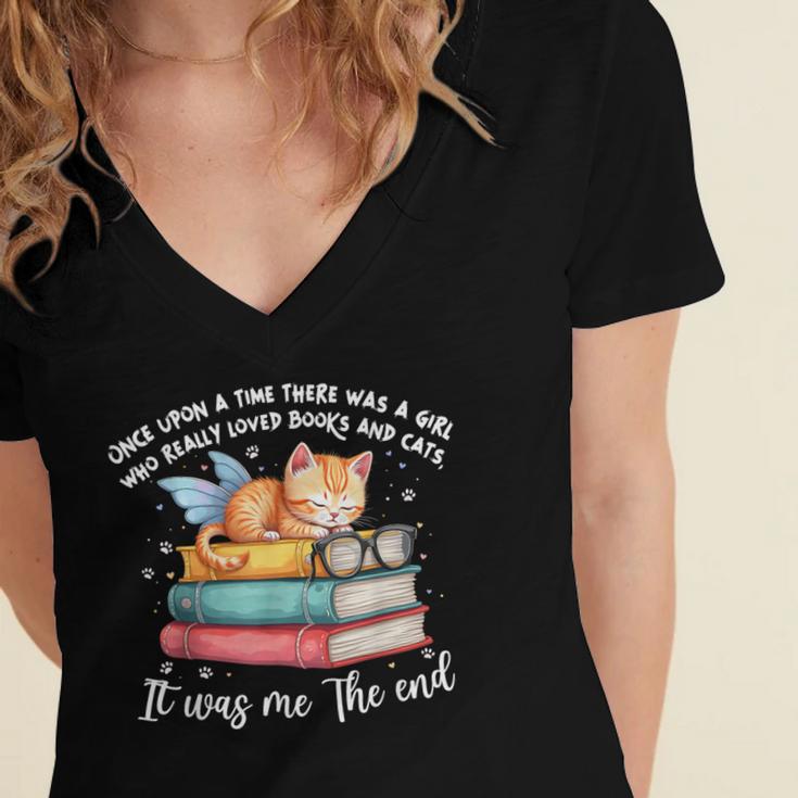 Cats And Books Easily Distracted By Book & Cat Lover Men Women Kids Women's Jersey Short Sleeve Deep V-Neck Tshirt