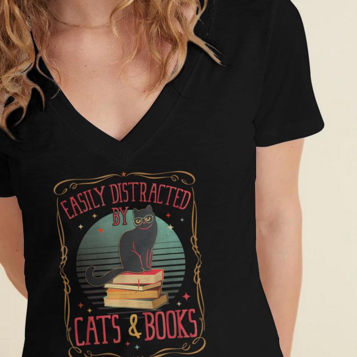 Cats And Books Lover Reading Literary Feline Humor Women's Jersey Short Sleeve Deep V-Neck Tshirt