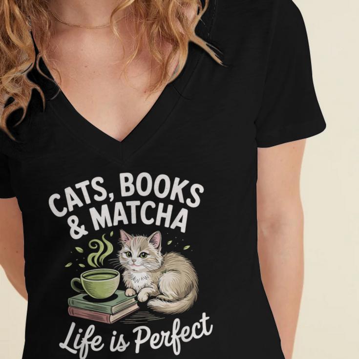 Cats Books And Matcha Life Is Perfect Green Tea Matcha Women's Jersey Short Sleeve Deep V-Neck Tshirt