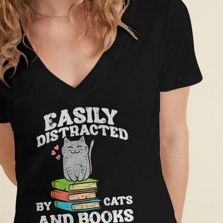 Cats And Books Read Reading Librarian Book Across America Women's Jersey Short Sleeve Deep V-Neck Tshirt