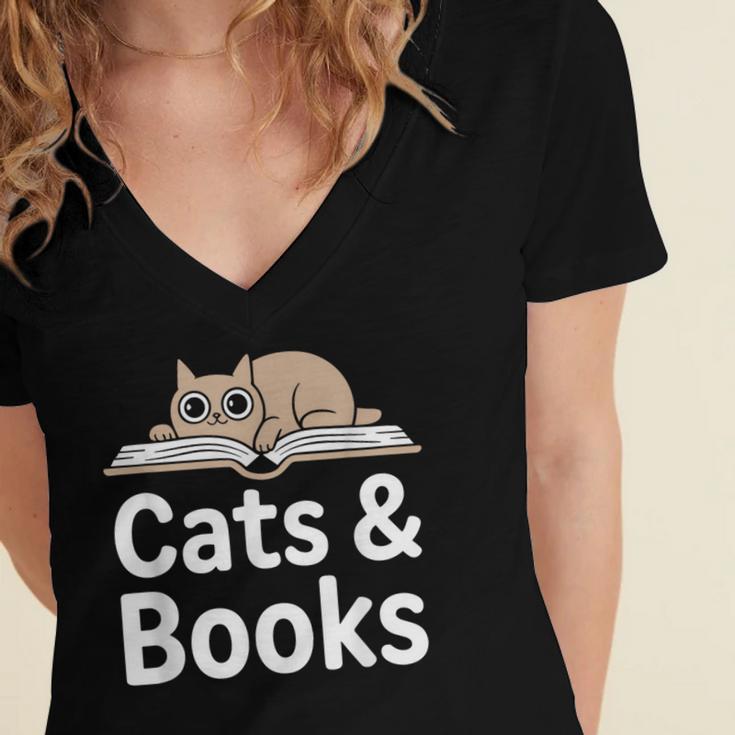 Cats And Books Women's Jersey Short Sleeve Deep V-Neck Tshirt