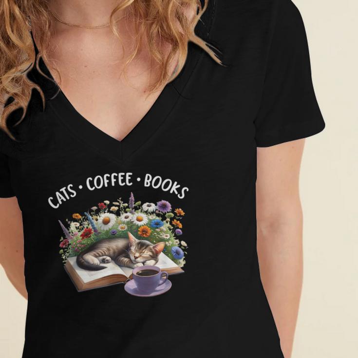 Cats Coffee Books Women's Jersey Short Sleeve Deep V-Neck Tshirt