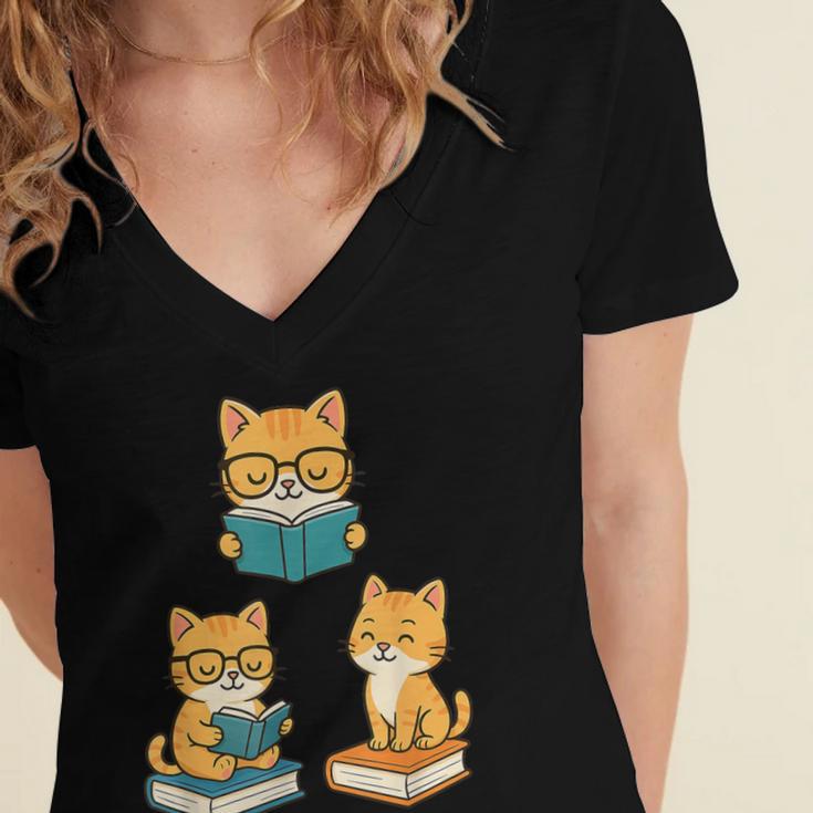 Cats Reading Book Lover Reading Bookworm Reader Women's Jersey Short Sleeve Deep V-Neck Tshirt