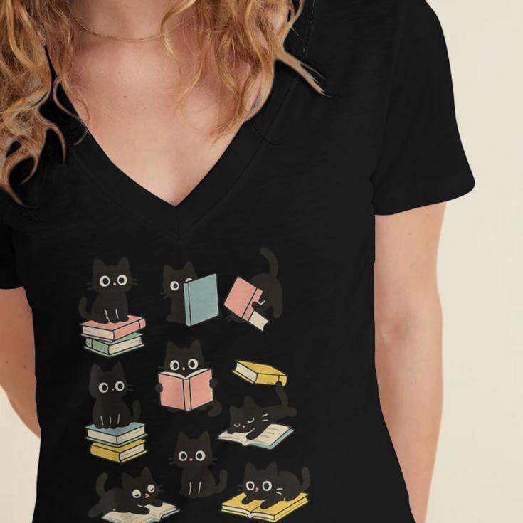 Cats Reading Books Cat Lover Women's Jersey Short Sleeve Deep V-Neck Tshirt