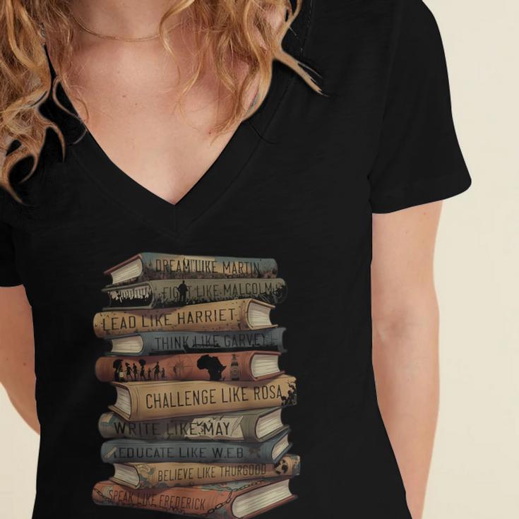 Celebrating History Month Floral Books Teacher Women's Jersey Short Sleeve Deep V-Neck Tshirt