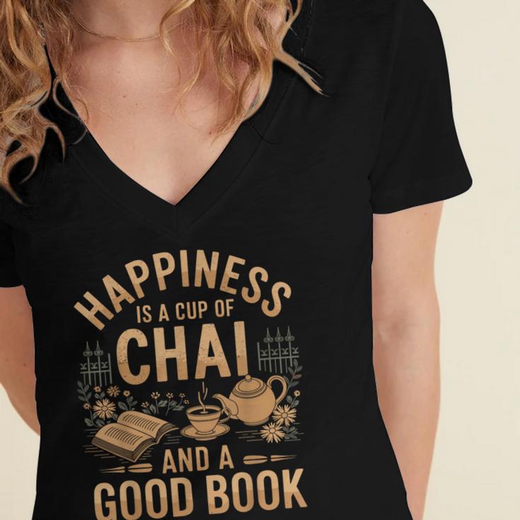 Chai And A Good Book Lover Reading Chai Tea Chai Latte Women's Jersey Short Sleeve Deep V-Neck Tshirt