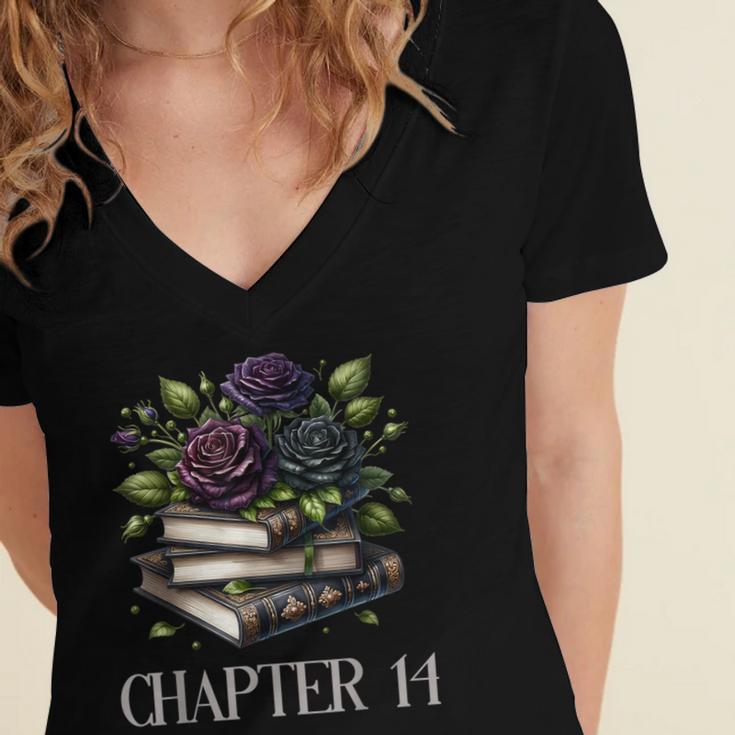 Chapter 14 14th Birthday Girls Book Lovers Gothic Flowers Women's Jersey Short Sleeve Deep V-Neck Tshirt