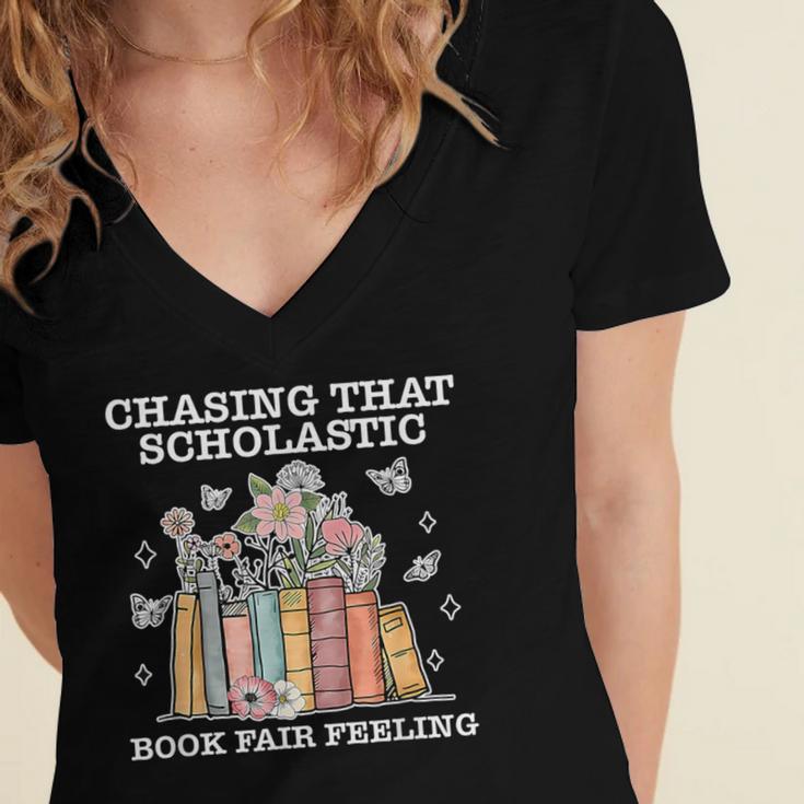 Chasing That Scholastic Book Fair Feeling Apparel Women's Jersey Short Sleeve Deep V-Neck Tshirt Chasing That Scholastic Book Fair Feeling Apparel Women's Jersey Short Sleeve Deep V-Neck Tshirt