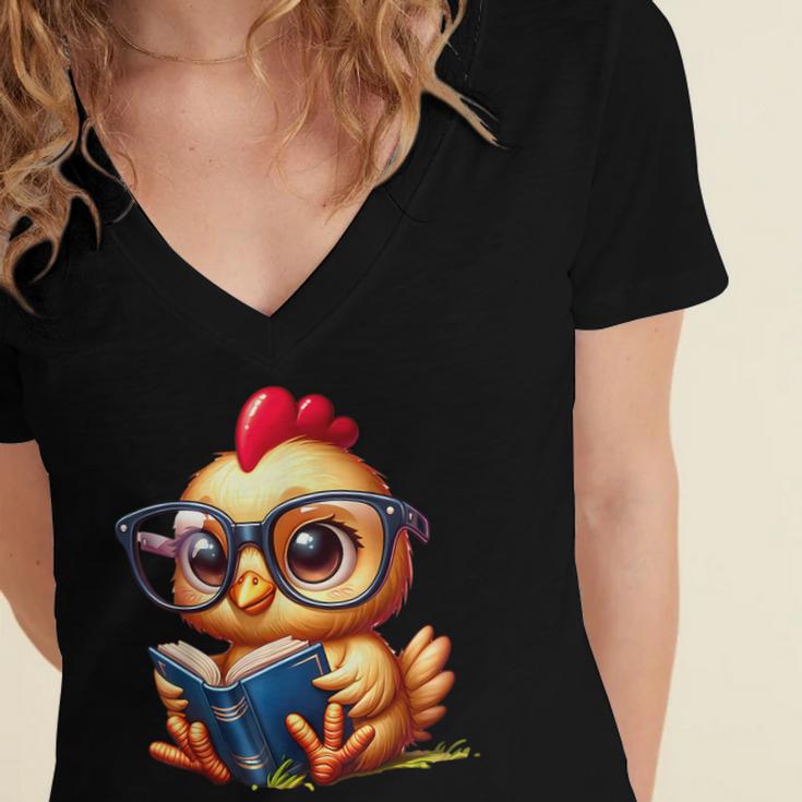 Chicken Reading a Book Farm Animal Chick Women's Jersey Short Sleeve Deep V-Neck Tshirt Chicken Reading a Book Farm Animal Chick Women's Jersey Short Sleeve Deep V-Neck Tshirt
