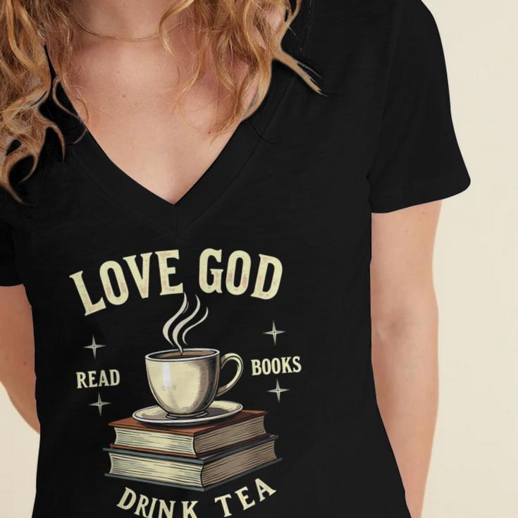 Christian Bookworm Love God Read Books Drink Tea Women's Jersey Short Sleeve Deep V-Neck Tshirt Christian Bookworm Love God Read Books Drink Tea Women's Jersey Short Sleeve Deep V-Neck Tshirt