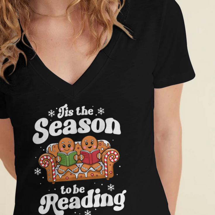 Christmas Book Lover Gingerbread Library Reading Bookaholic Women's Jersey Short Sleeve Deep V-Neck Tshirt