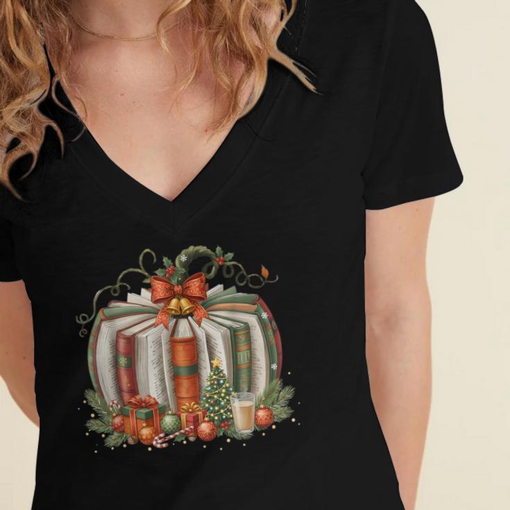 Christmas Book Pumpkin Reading Holiday Lovers Teacher Women's Jersey Short Sleeve Deep V-Neck Tshirt