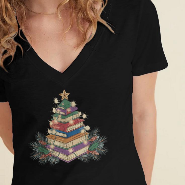 Christmas Book Reading Reader Xmas Bibliophile -Adult Christmas Tree Book Modern Women's Jersey Short Sleeve Deep V-Neck Tshirt