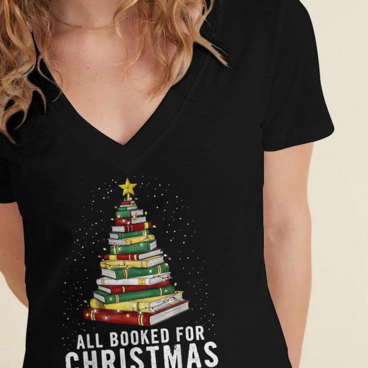 Christmas Book Tree All Booked For Xmas Women's Jersey Short Sleeve Deep V-Neck Tshirt