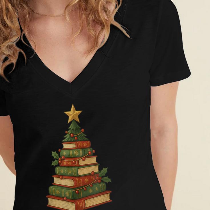 Christmas Book Tree Bookshelf Holiday For Readers Librarians Women's Jersey Short Sleeve Deep V-Neck Tshirt Christmas Book Tree Bookshelf Holiday For Readers Librarians Women's Jersey Short Sleeve Deep V-Neck Tshirt