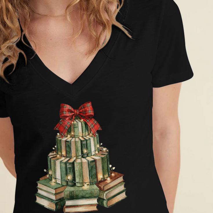 Christmas Book Tree Coquette Bow Xmas Reading Librarian Girl Women's Jersey Short Sleeve Deep V-Neck Tshirt